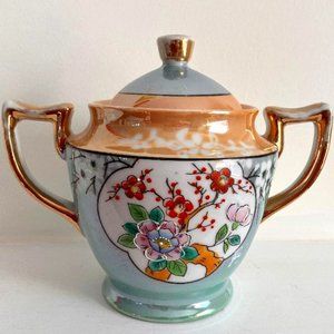 Vintage 2 Handled & Lidded Blue Flowered Lustreware Large Pot w Moriage Detail